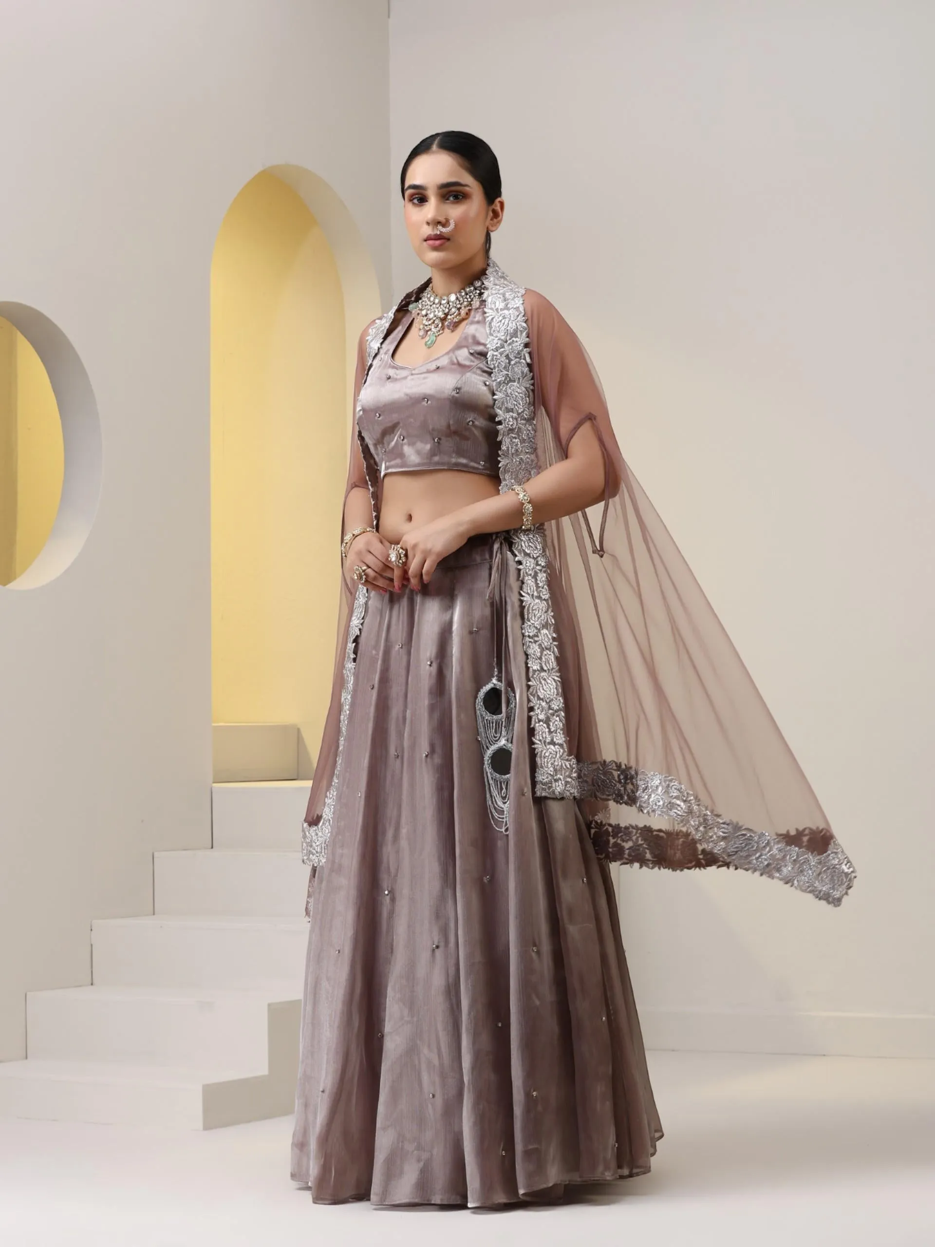 3 pc SET - Rose Pearl Lehenga ,Blouse Fabric with Diamond studs, and Net dupatta with Lace