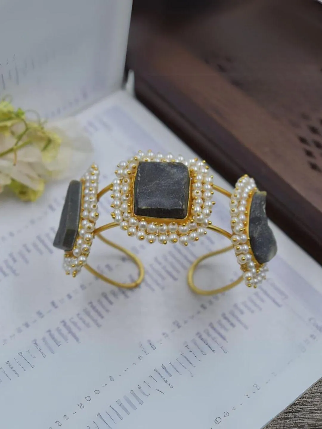 3 Stone Square Raw Crystal Bangles With Pearls