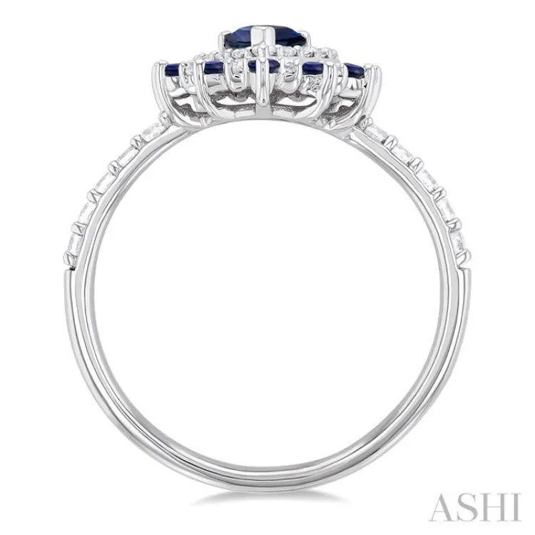 3/8 ctw Floral 6X4 MM Pear & 1.5 MM Round Cut Sapphire and Round Cut Diamond Precious Ring in 14K White Gold