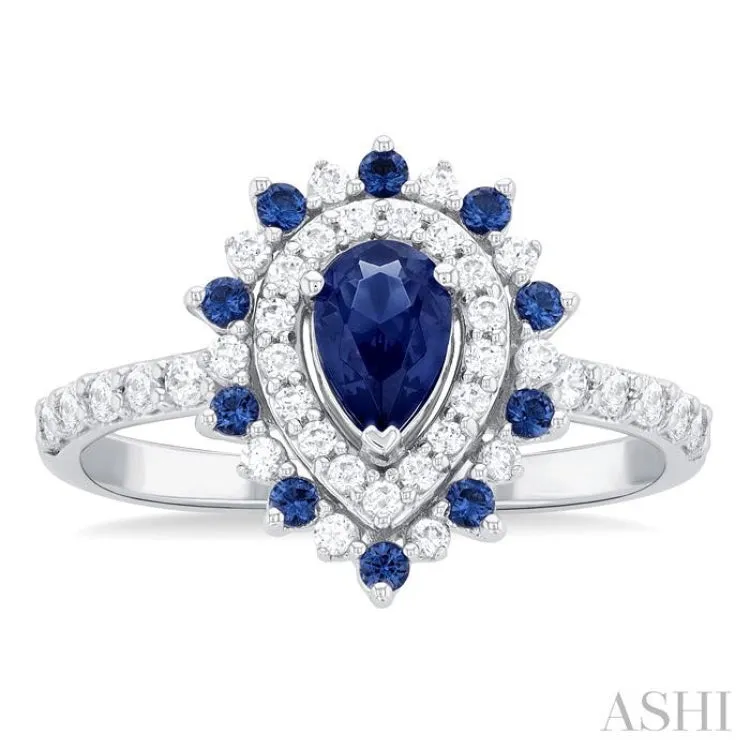 3/8 ctw Floral 6X4MM Pear & 1.5MM Round Cut Sapphire and Round Cut Diamond Precious Ring in 14K White Gold