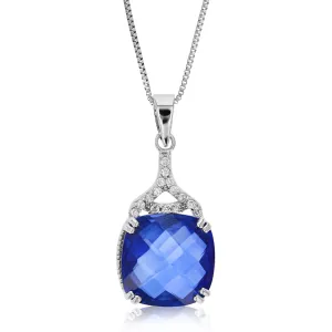 5.5 cttw Pendant Necklace, Created Sapphire Cushion Cut Pendant Necklace for Women in .925 Sterling Silver with 18 Inch Chain, Prong Setting