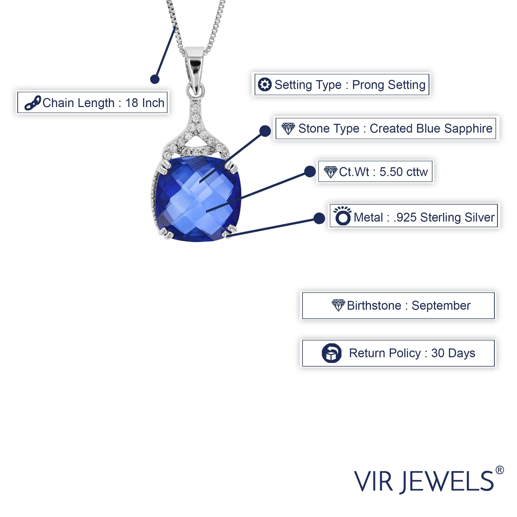 5.5 cttw Pendant Necklace, Created Sapphire Cushion Cut Pendant Necklace for Women in .925 Sterling Silver with 18 Inch Chain, Prong Setting