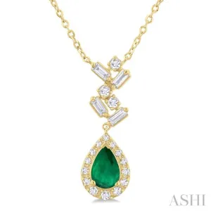 6X4MM Pear Cut Emerald and 1/5 ctw Scatter Baguette & Single Cut Halo Diamond Precious Necklace in 10K Yellow Gold