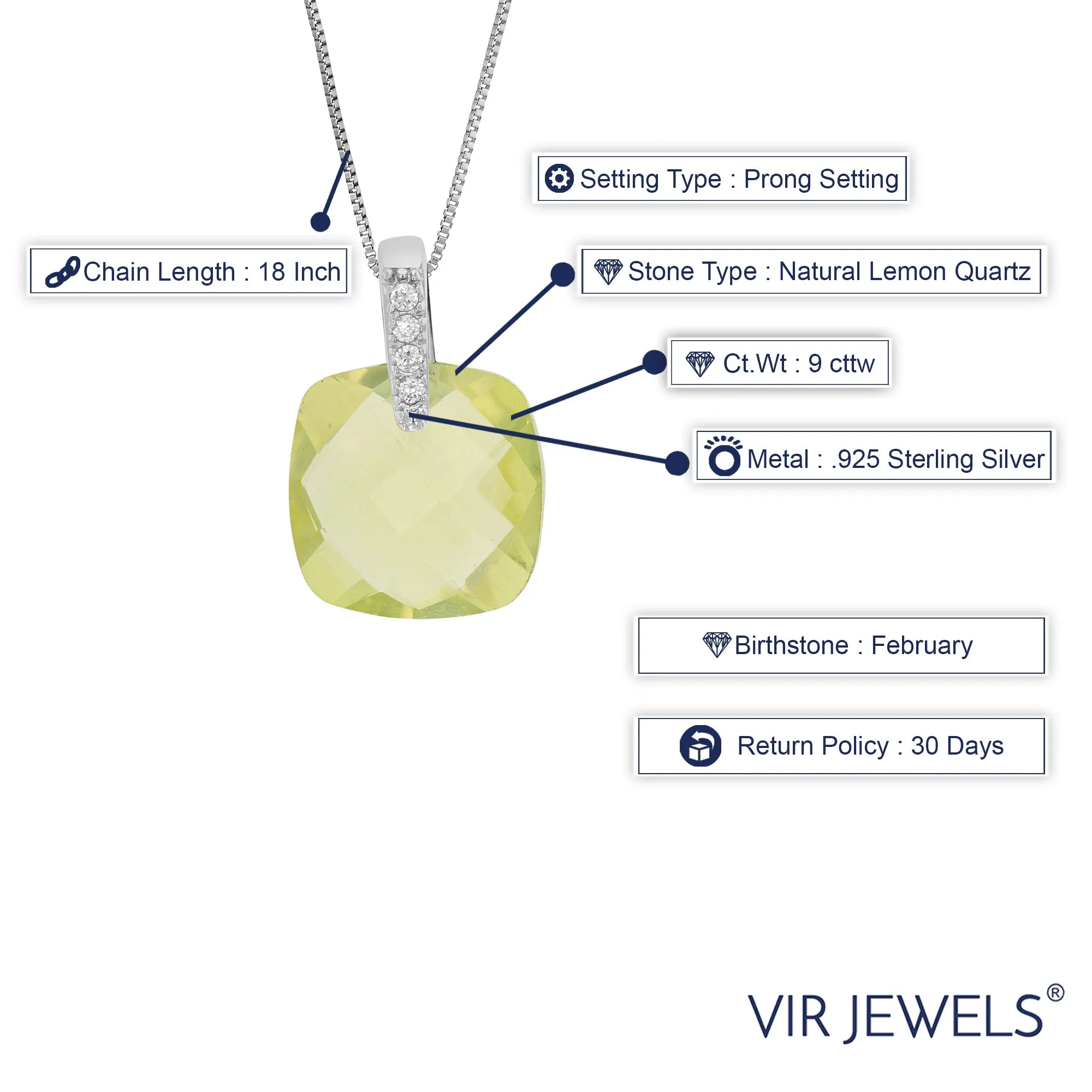 7 cttw Pendant Necklace, Lemon Quartz Cushion Cut Pendant Necklace for Women in .925 Sterling Silver with Rhodium Plating, 18 Inch Chain, Prong Setting