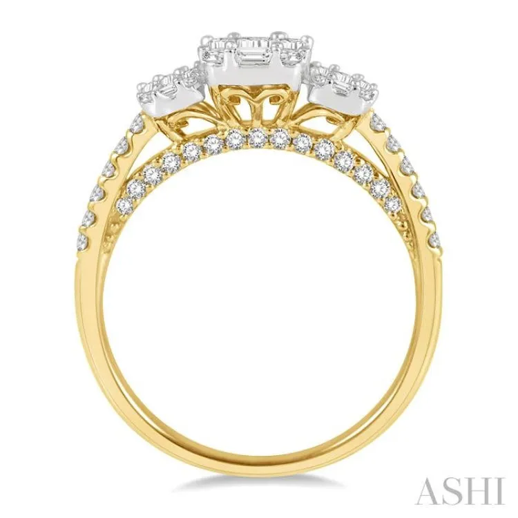 7/8 ctw Tri-Mount Fusion Baguette and Round Cut Diamond Engagement Ring in 14K Yellow and White gold