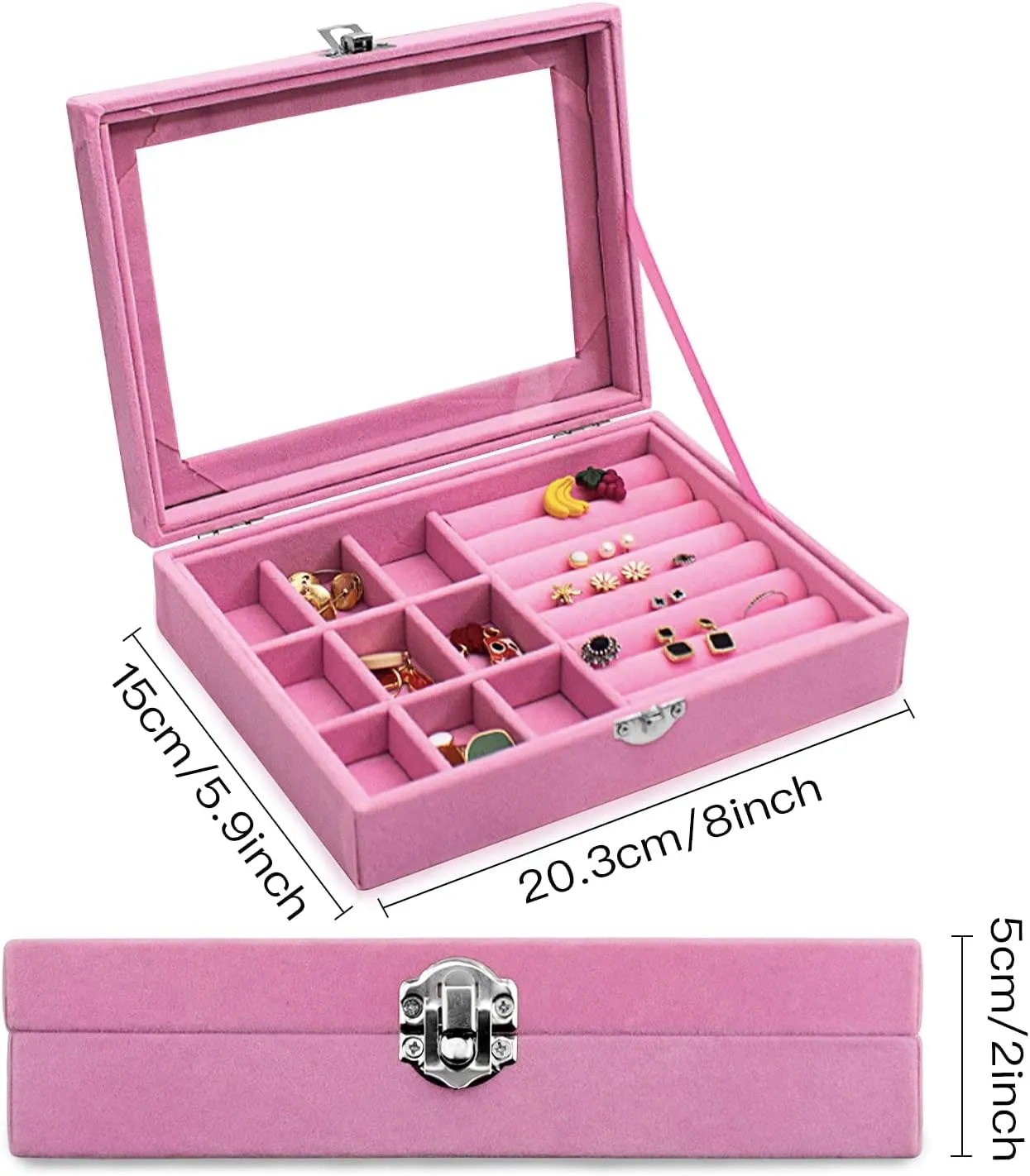 9 Grid Jewellery Organiser Velvet Storage Box with Lock & Removal Tray For Ring Storage Slot, Ring Jewellery (Pink)