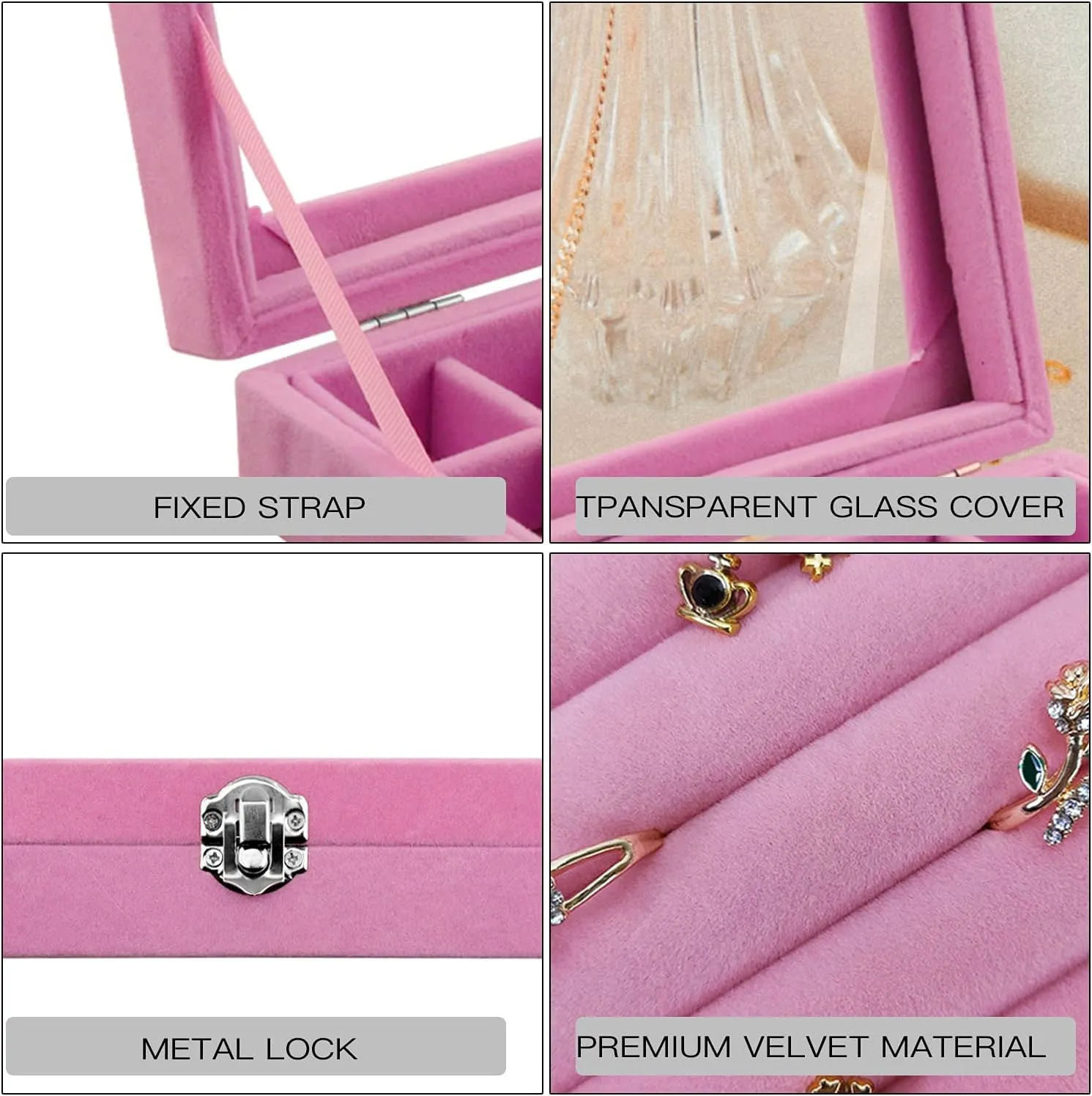 9 Grid Jewellery Organiser Velvet Storage Box with Lock & Removal Tray For Ring Storage Slot, Ring Jewellery (Pink)