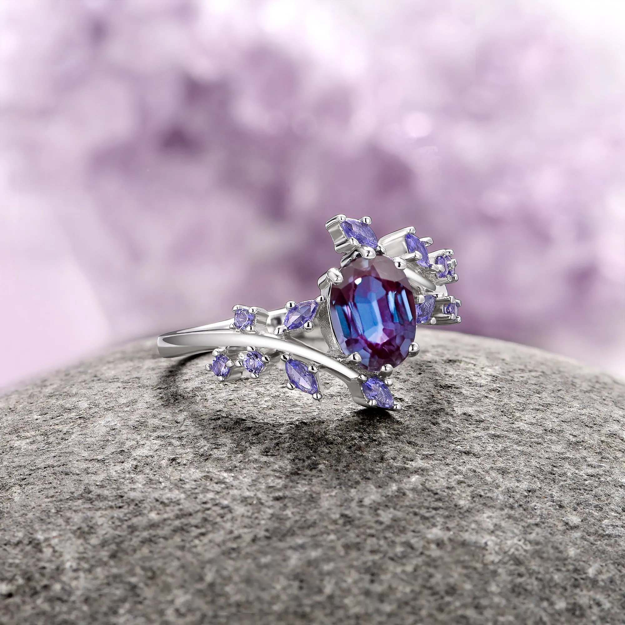 Alexandrite & Cornflower Sapphire Fairy Leaf Ring- Sterling Silver