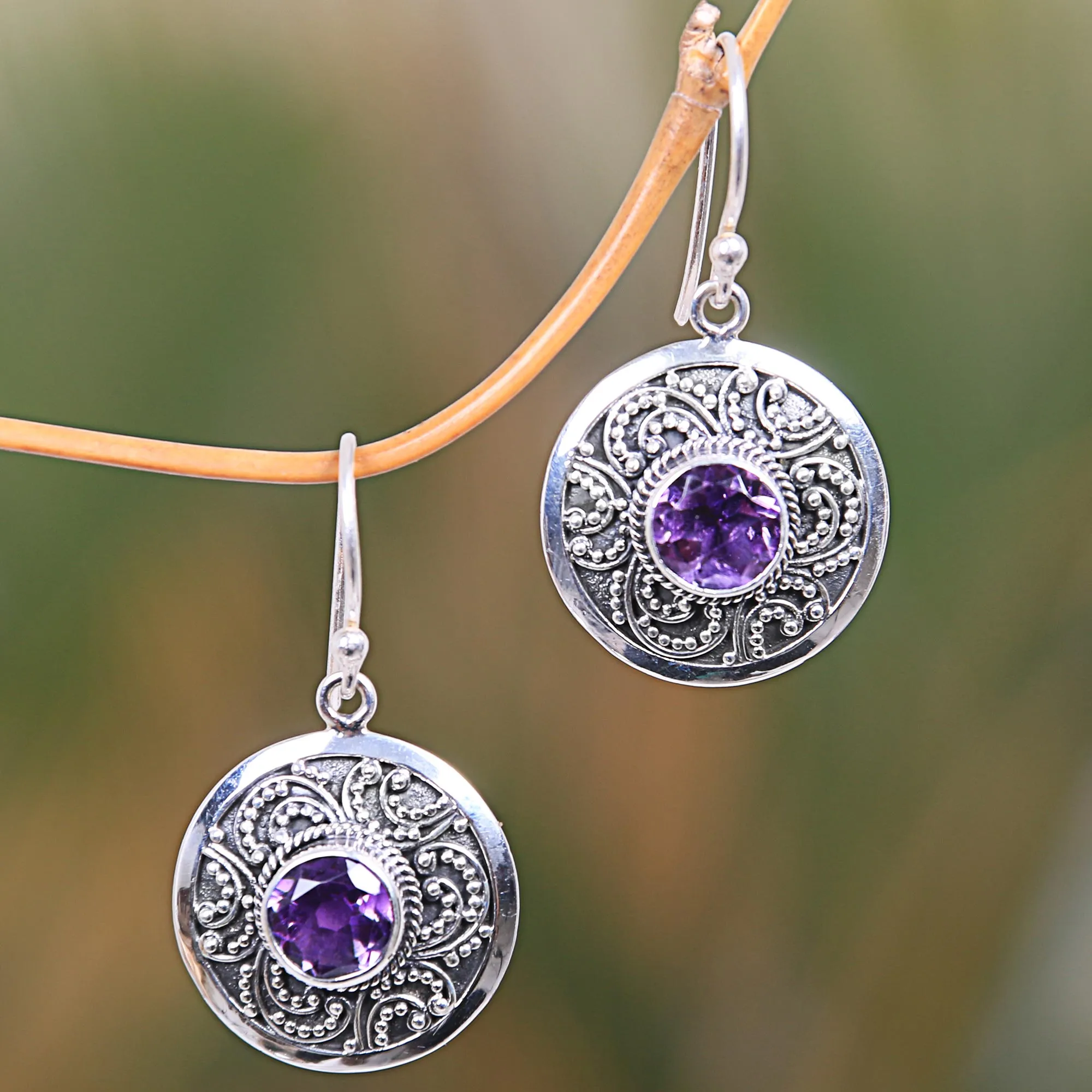 Balinese Aura Amethyst & Silver Dangle Earrings