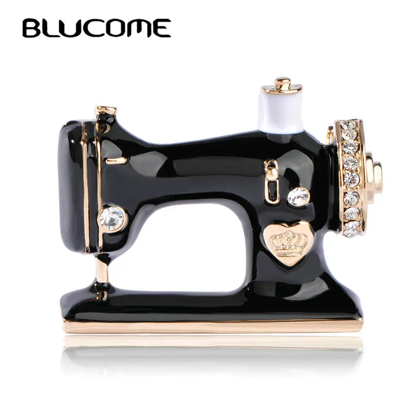 Blucome Women Girls Sewing Machine Brooch Black Enamel Brooches Jewelry Hijab Pin For Collar Suit Scarf Decoration Accessories