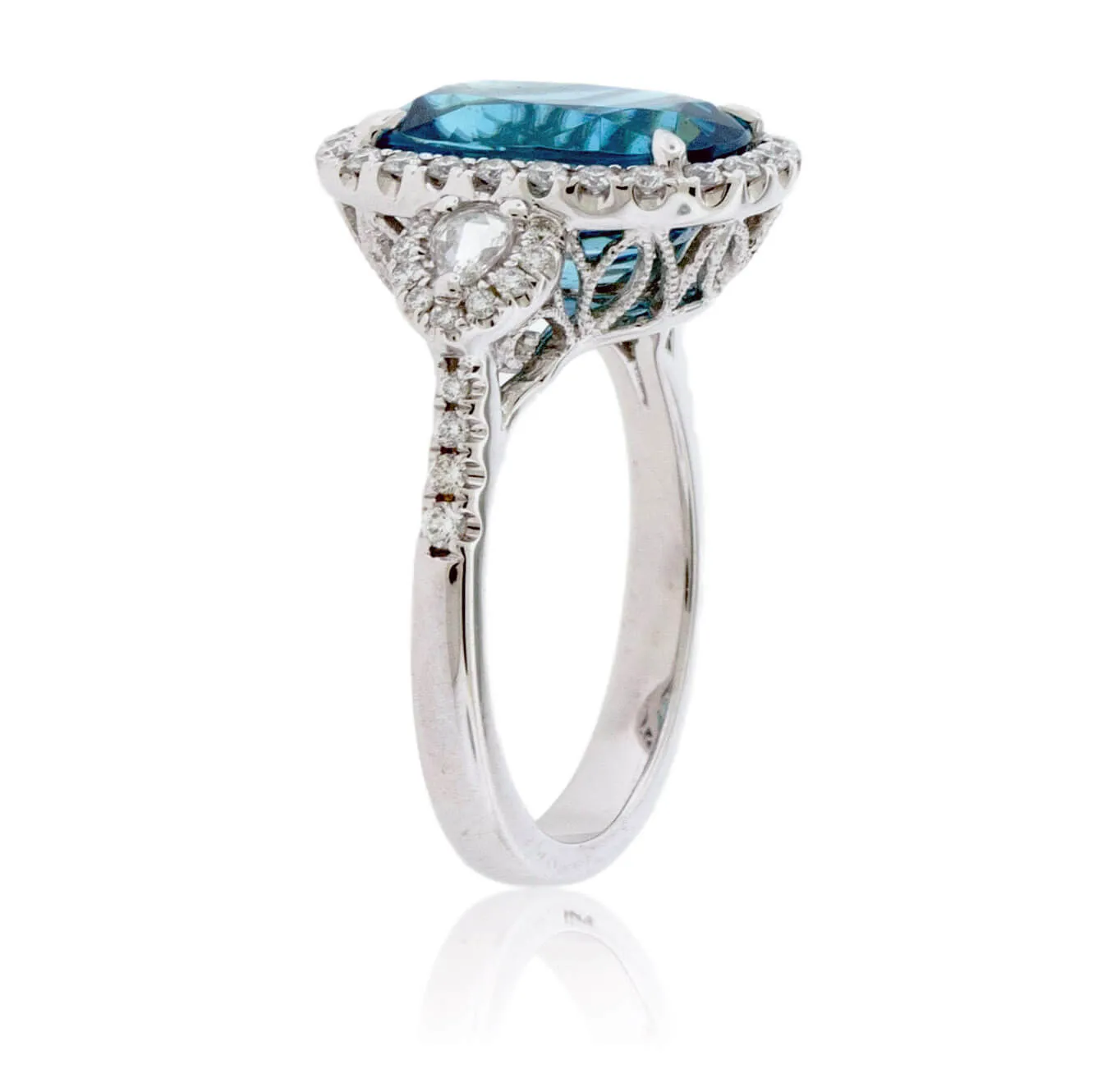 Blue Zircon & Diamond Halo Three Stone Ring