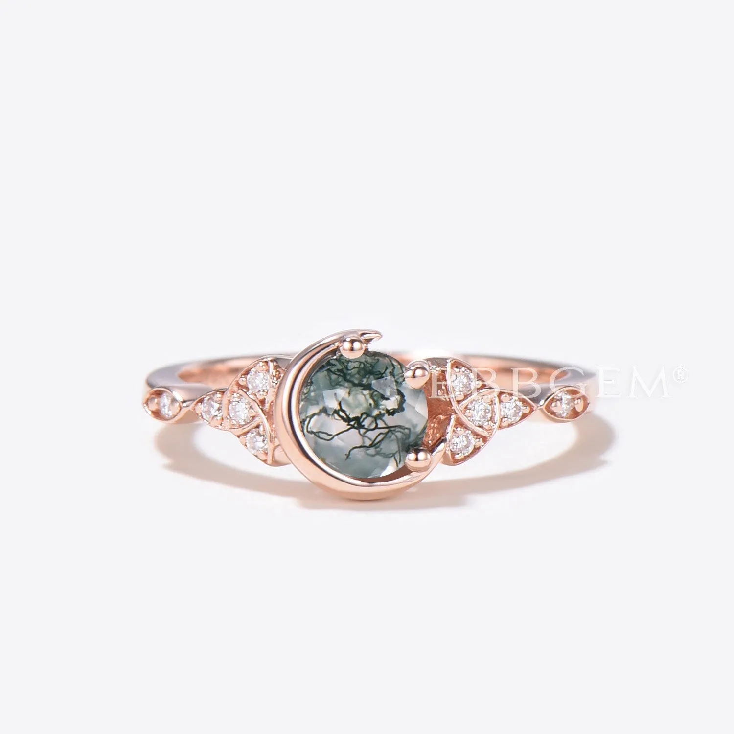 Celestial Moon Moss Agate Engagement Ring Celtic Diamond RIng