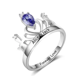 Classic Crown Sterling Silver Ring for Women- Custom Birthstone and Name Engraving