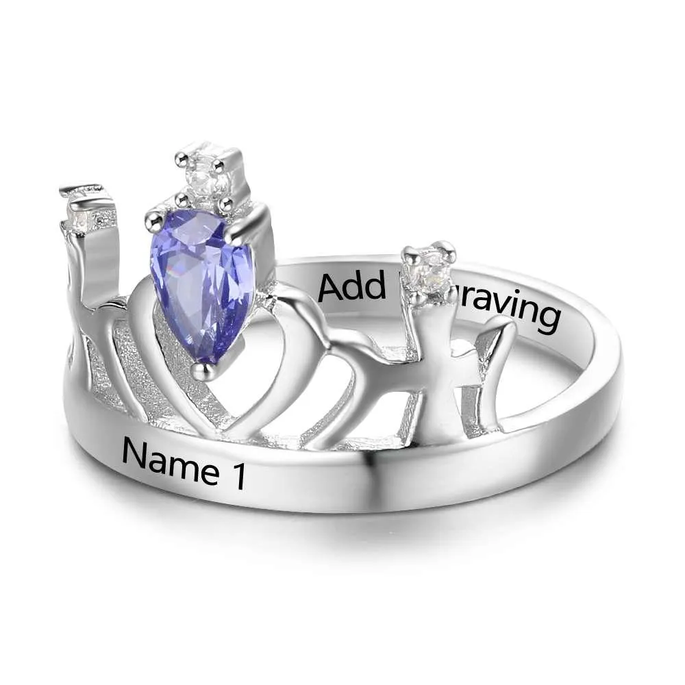 Classic Crown Sterling Silver Ring for Women- Custom Birthstone and Name Engraving