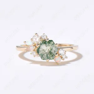 Cluster Moss Agate Ring Hexagon Cut Engagement Ring