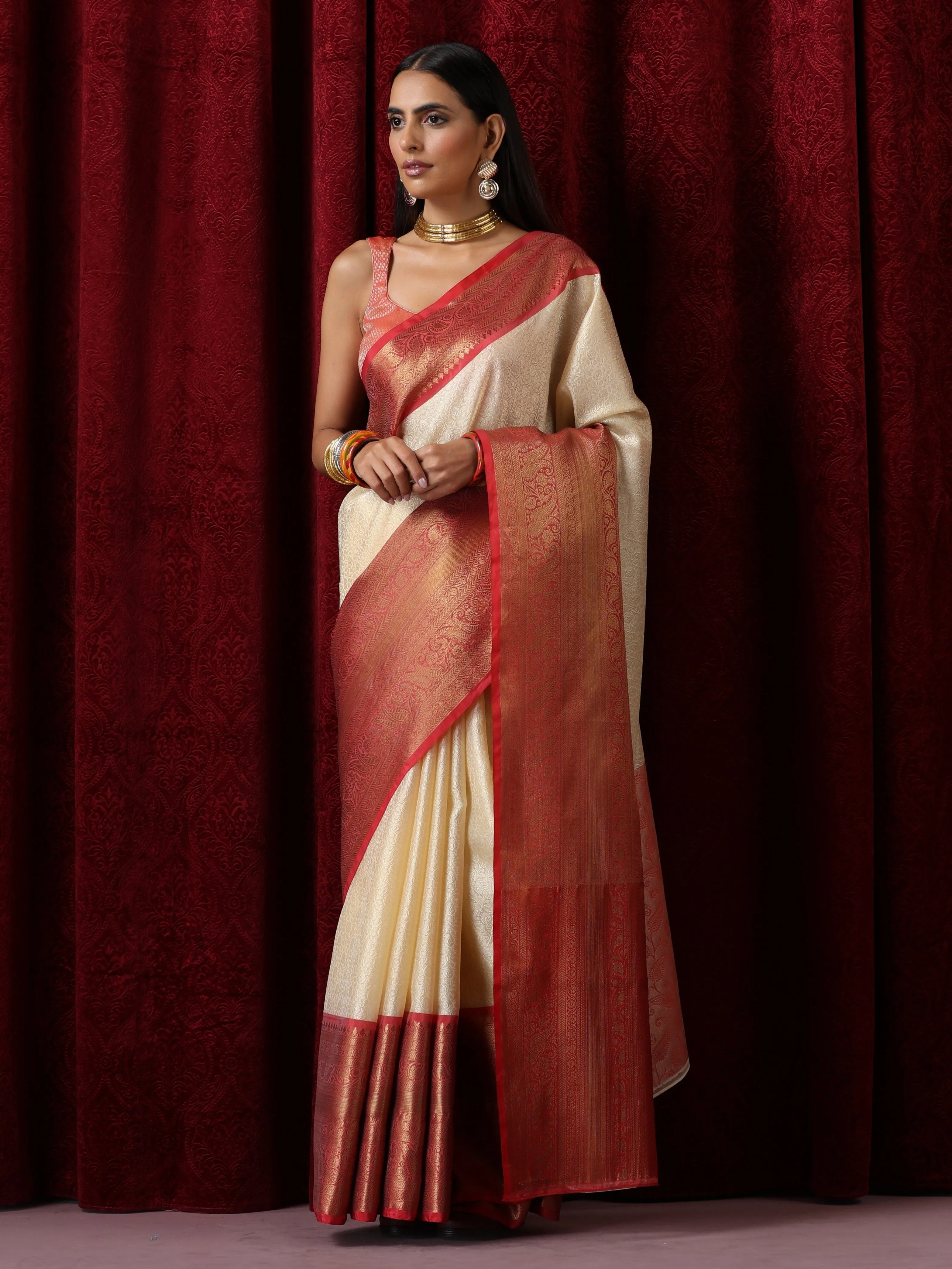 Cream Jacquard Saree with Red Border with Blouse Fabric