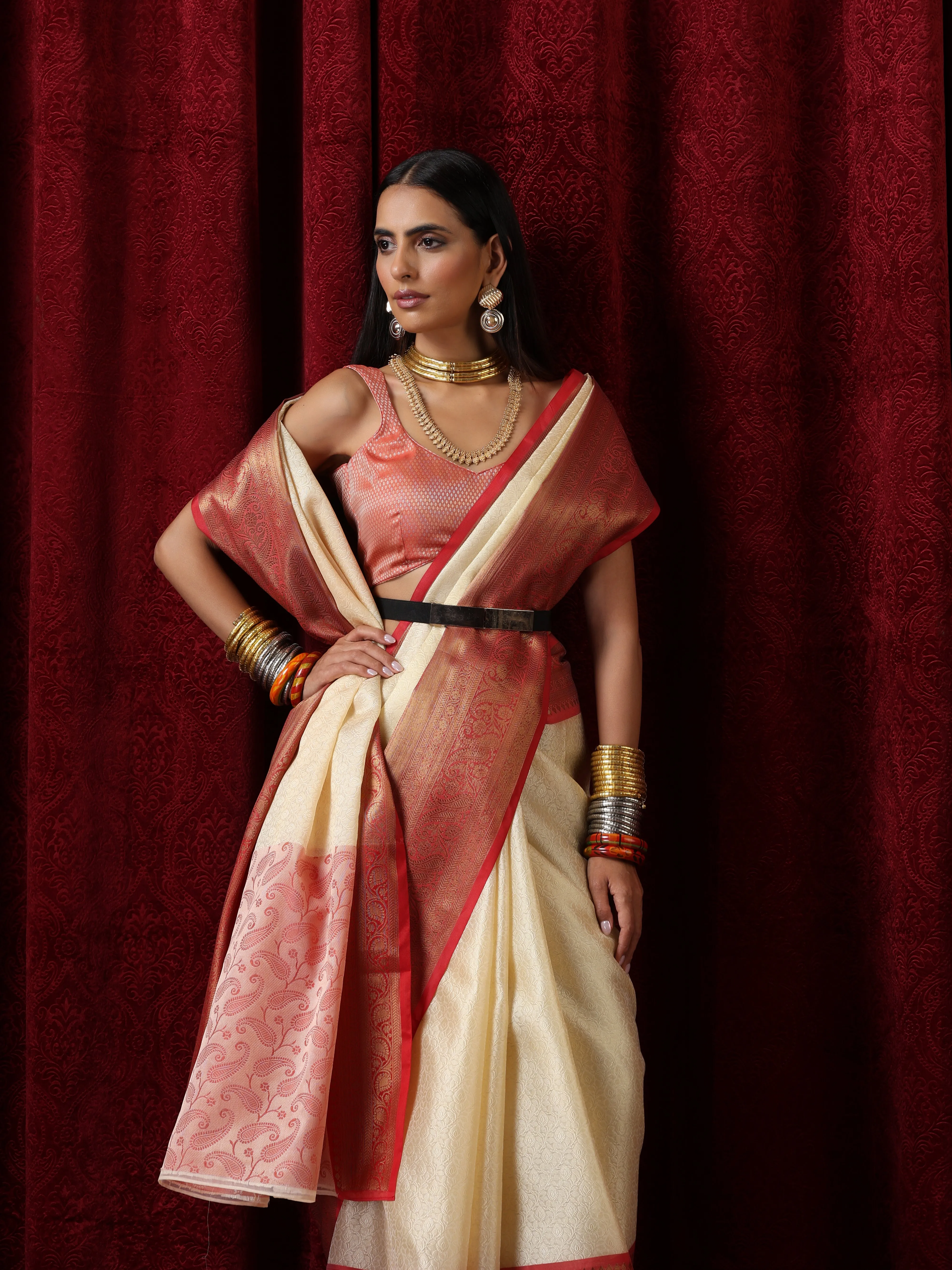 Cream Jacquard Saree with Red Border with Blouse Fabric