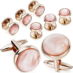 Cufflinks and tuxedo studs Set for Men with Gift Box, Rose Gold Tone Mother-of-Pearl Cuff links for French Cuff Shirt and Dress Shirt, Suitable for Wedding, Birthday, Party, Anniversary