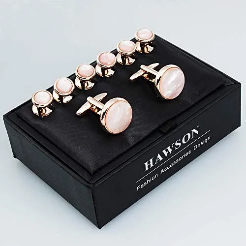 Cufflinks and tuxedo studs Set for Men with Gift Box, Rose Gold Tone Mother-of-Pearl Cuff links for French Cuff Shirt and Dress Shirt, Suitable for Wedding, Birthday, Party, Anniversary