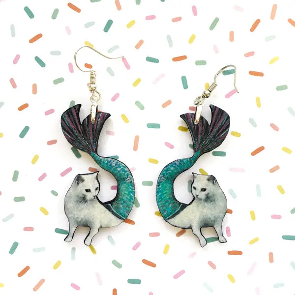 Dive into Whimsy with Mermaid Cat Earrings: Eco-Friendly & Handmade