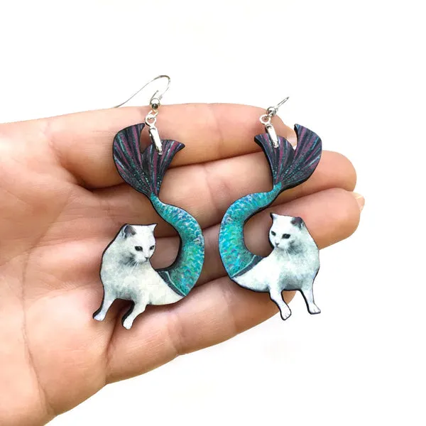 Dive into Whimsy with Mermaid Cat Earrings: Eco-Friendly & Handmade