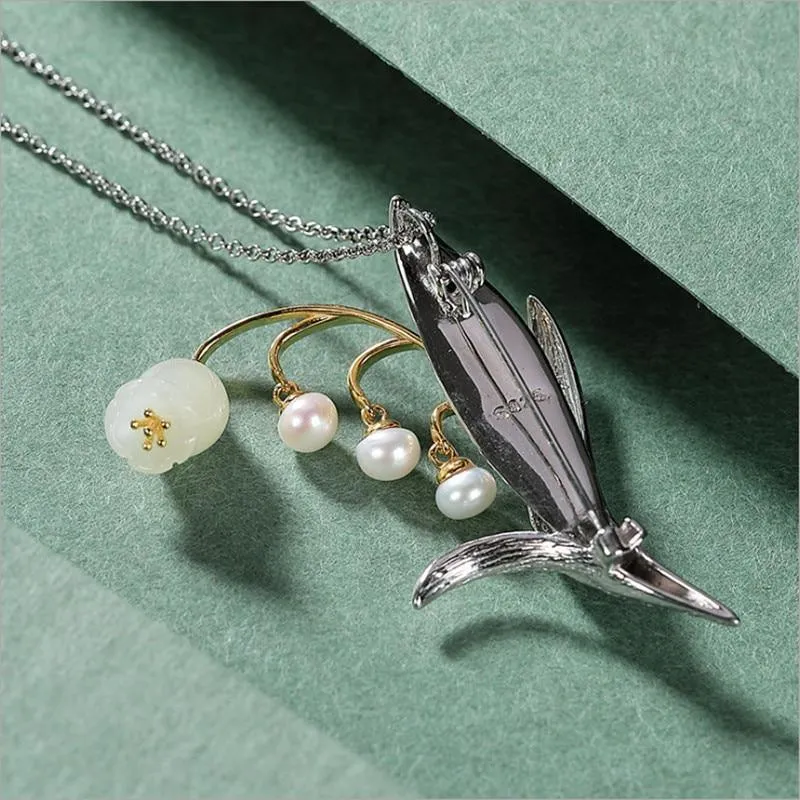 Dual-Use Natural Jade and Pearl Lily of the Valley Brooch/Pendant