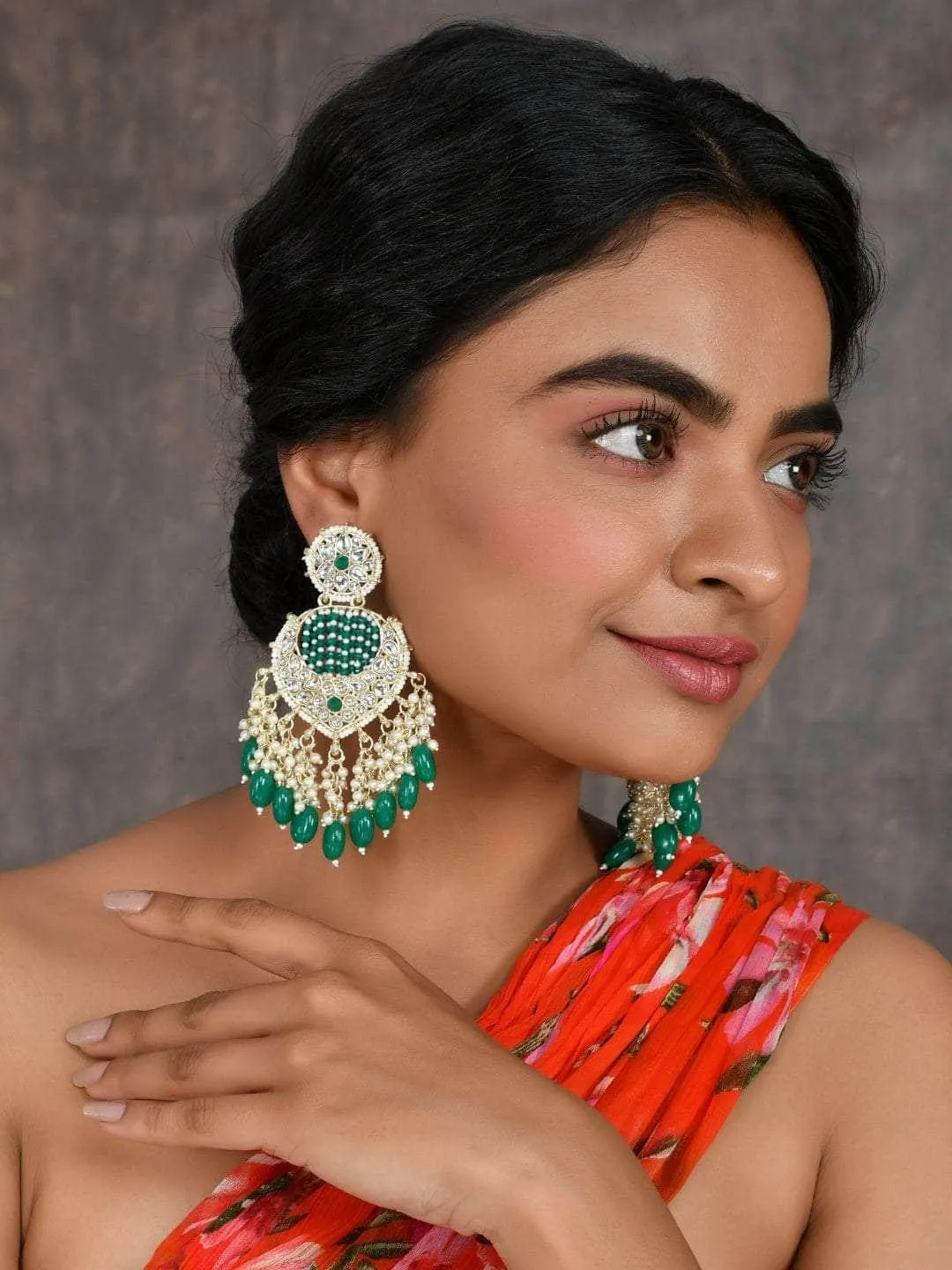 Enchanting Green Chandbali Kundan Pearl Earrings