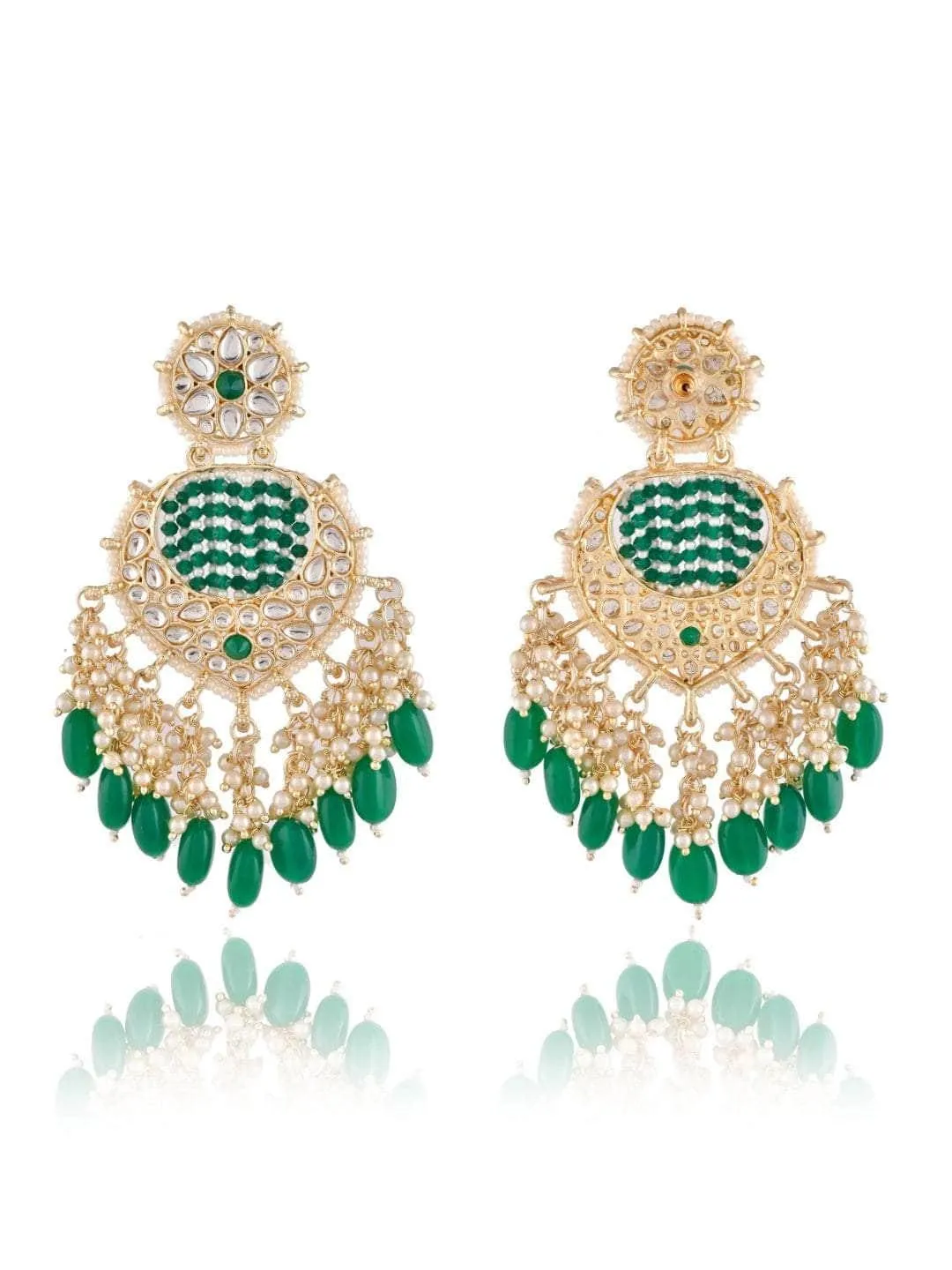 Enchanting Green Chandbali Kundan Pearl Earrings