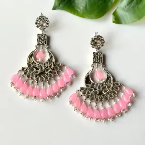 Farshi Kundan Earrings (Silver, Baby Pink)