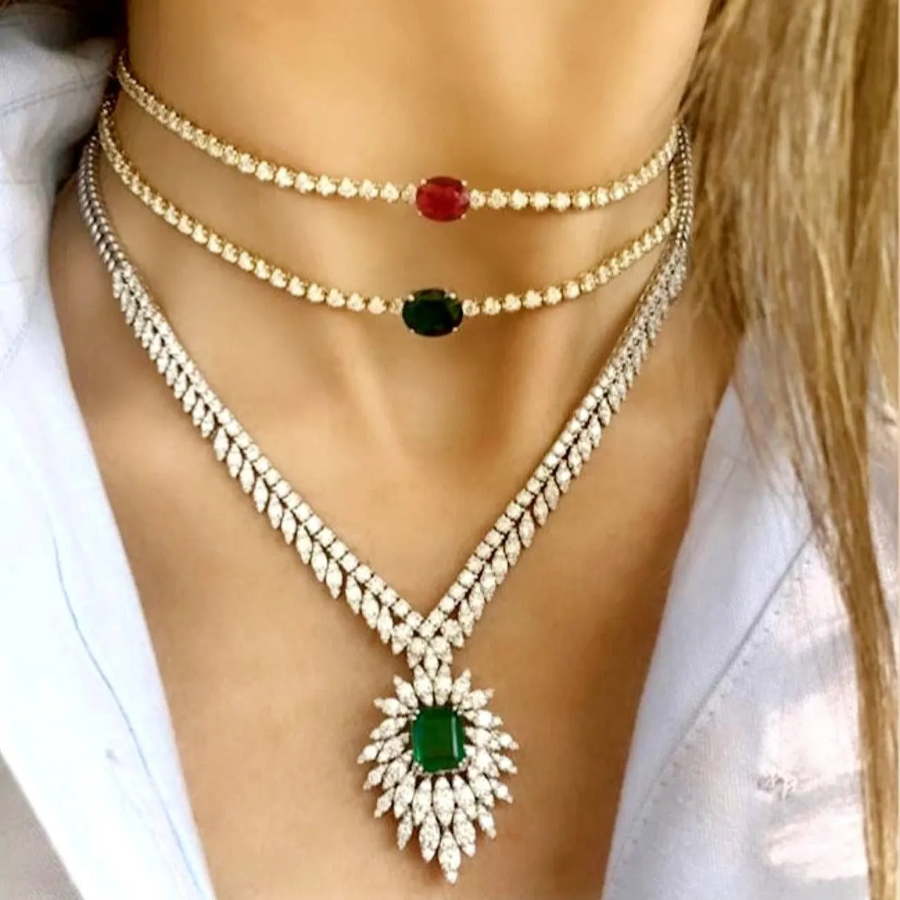 Gemstone Center Diamond Tennis Choker