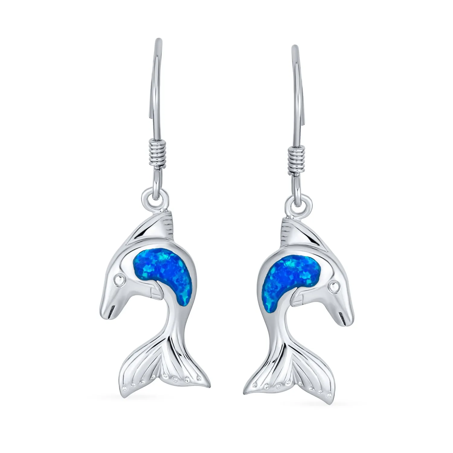 Gemstone Created Blue Opal Dolphin Dangle Gemstone Earrings in Sterling Silver