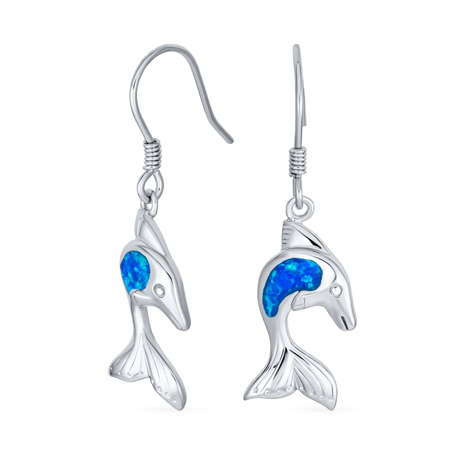 Gemstone Created Blue Opal Dolphin Dangle Gemstone Earrings in Sterling Silver