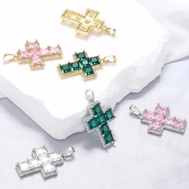 Glam Luxurious Shiny Cross 18k Gold Plated Zircon Copper Wholesale Pendants