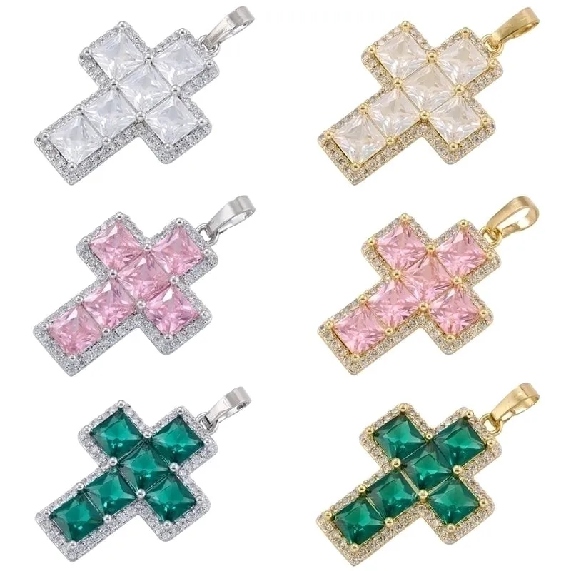 Glam Luxurious Shiny Cross 18k Gold Plated Zircon Copper Wholesale Pendants