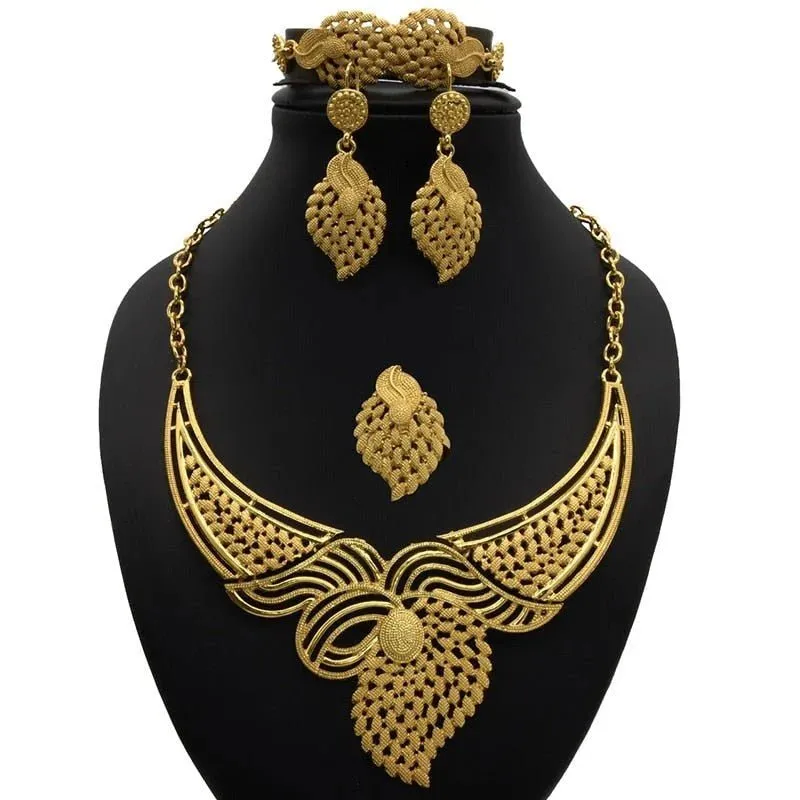 Gold Plated Wedding Jewelry Set - Complete African Chokers Necklace, Earrings, and Rings Fashion Bridal Jewellery Set