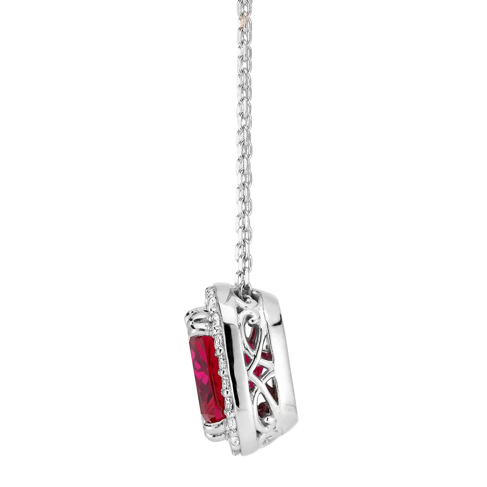 Halo necklace with ruby simulant and 0.25 carats* of diamond simulants in sterling silv