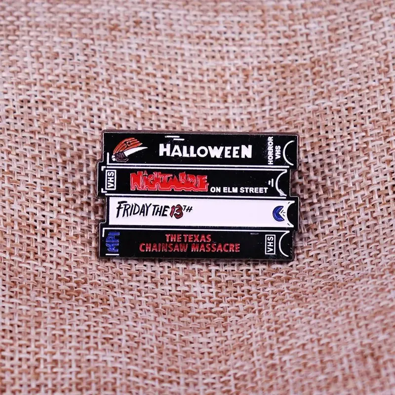 Horror VHS Enamel Pins Custom Classic Halloween Movies Friday 13 Brooches Lapel Badges Punk Gothic Jewelry Gift for Friends