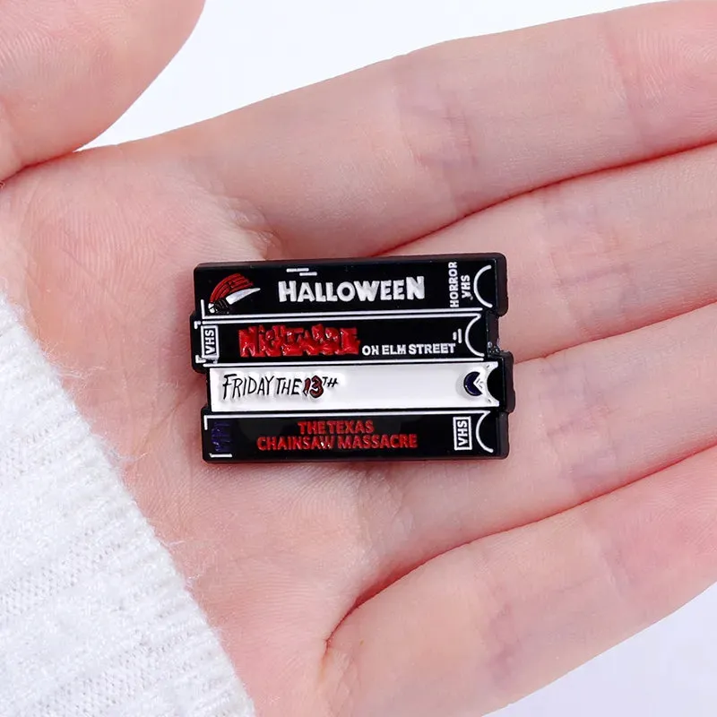 Horror VHS Enamel Pins Custom Classic Halloween Movies Friday 13 Brooches Lapel Badges Punk Gothic Jewelry Gift for Friends