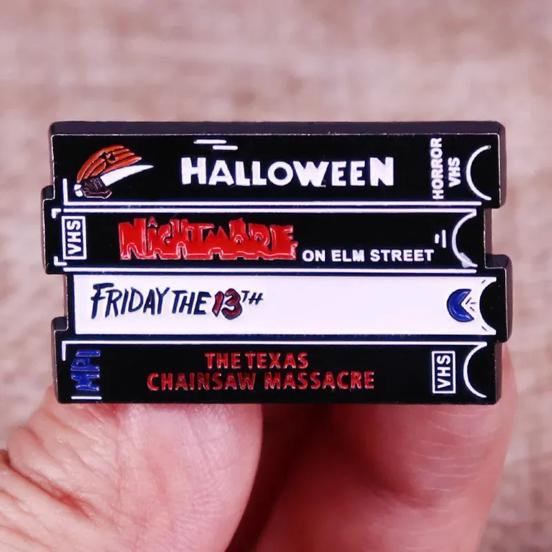 Horror VHS Enamel Pins Custom Classic Halloween Movies Friday 13 Brooches Lapel Badges Punk Gothic Jewelry Gift for Friends