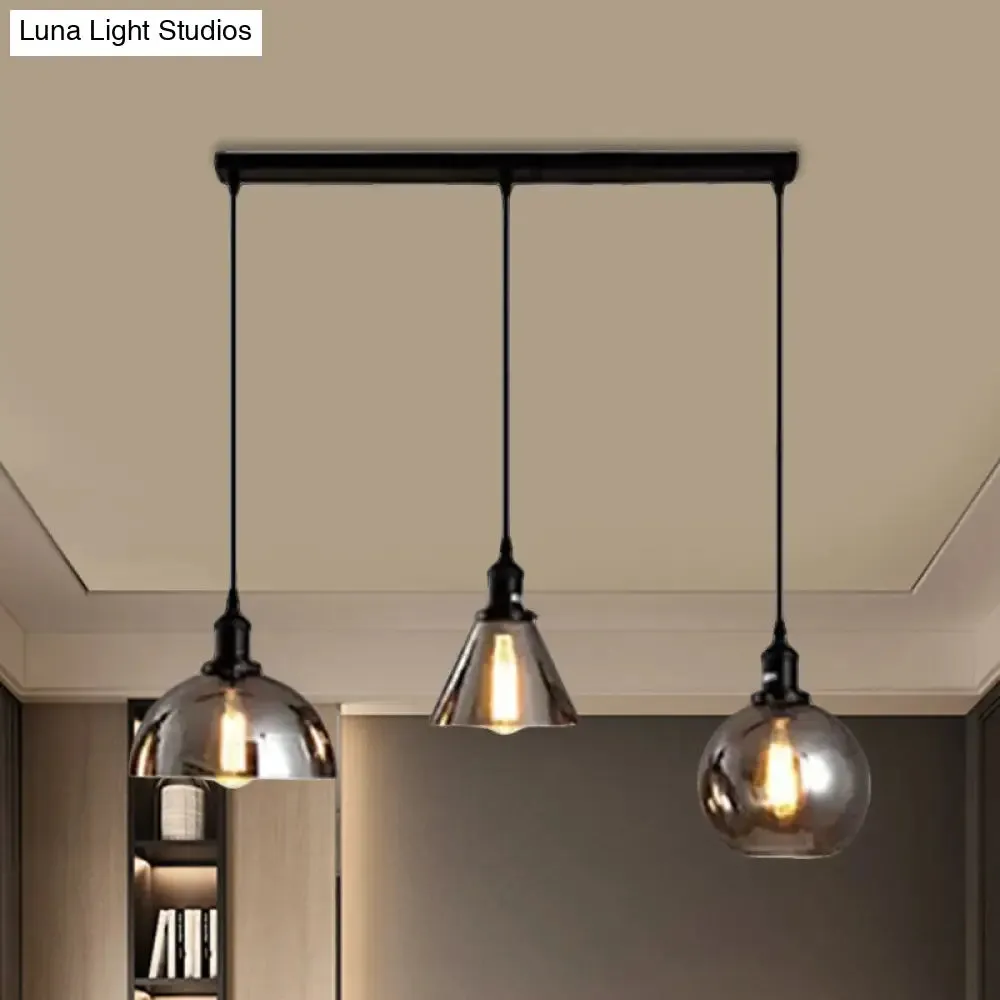 Industrial Smoked Glass Geometric Pendant Light Cluster with Black 3/4 Lights, Linear/Round Canopy