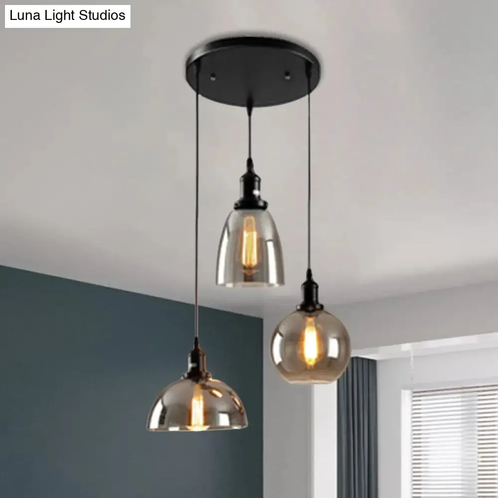 Industrial Smoked Glass Geometric Pendant Light Cluster with Black 3/4 Lights, Linear/Round Canopy