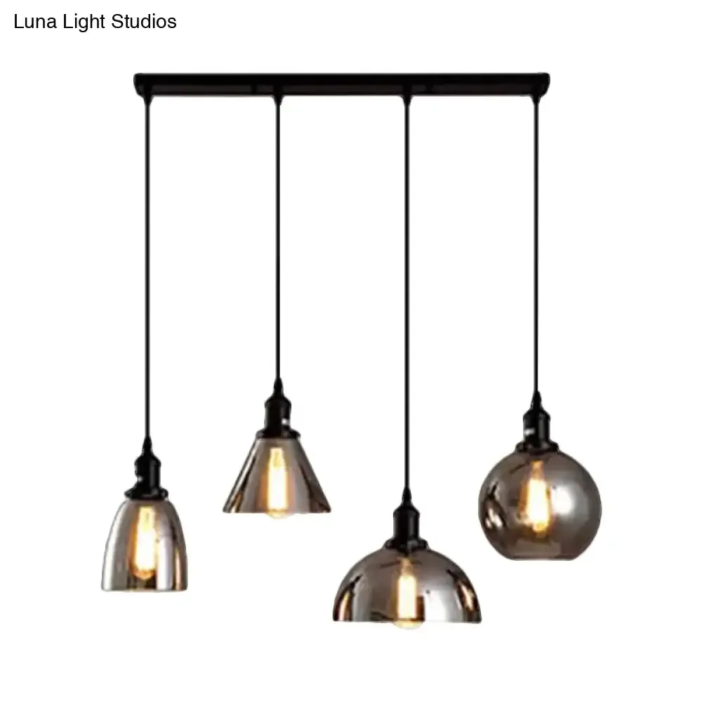 Industrial Smoked Glass Geometric Pendant Light Cluster with Black 3/4 Lights, Linear/Round Canopy