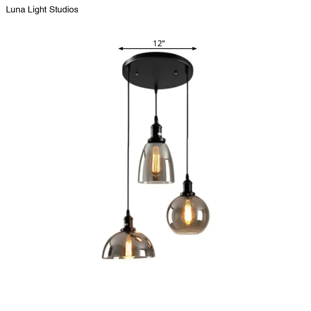 Industrial Smoked Glass Geometric Pendant Light Cluster with Black 3/4 Lights, Linear/Round Canopy