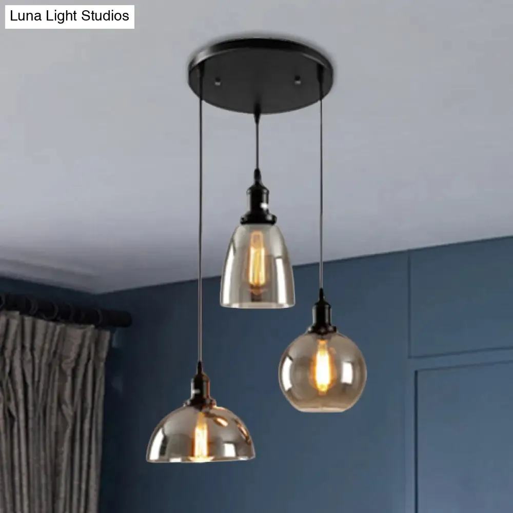 Industrial Smoked Glass Geometric Pendant Light Cluster with Black 3/4 Lights, Linear/Round Canopy