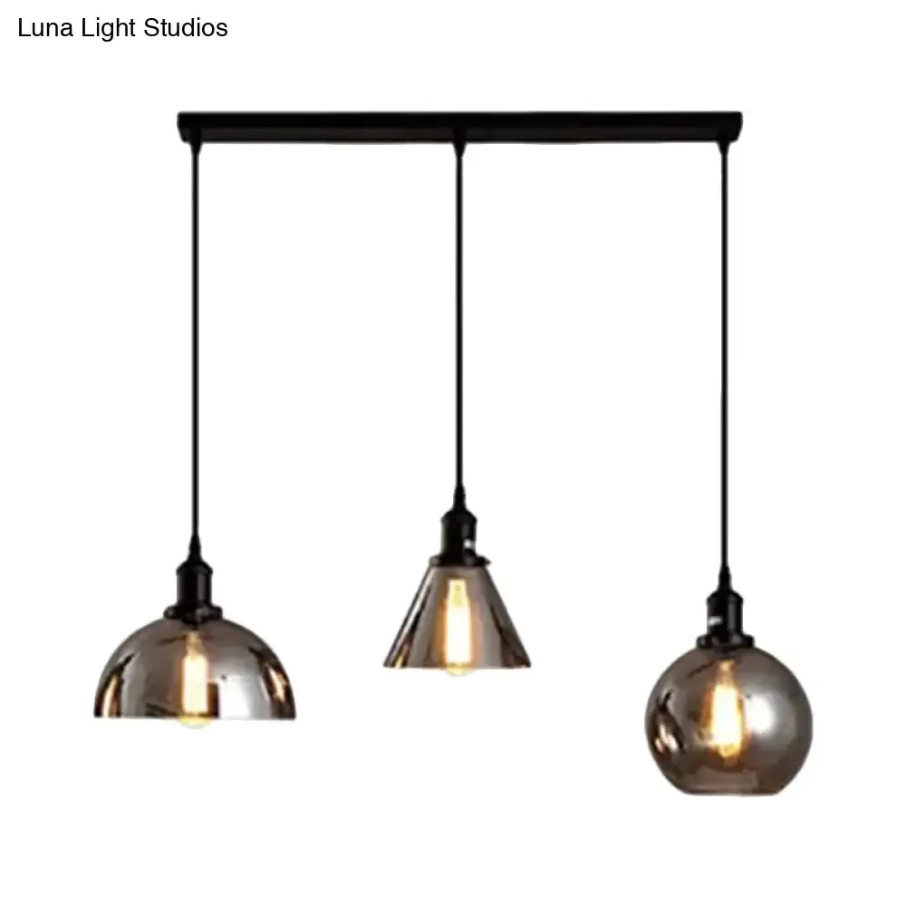 Industrial Smoked Glass Geometric Pendant Light Cluster with Black 3/4 Lights, Linear/Round Canopy