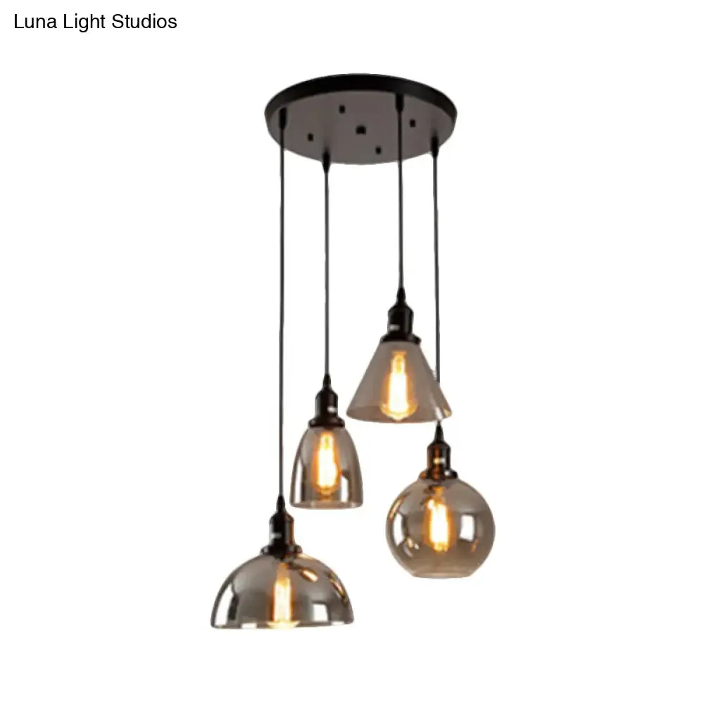 Industrial Smoked Glass Geometric Pendant Light Cluster with Black 3/4 Lights, Linear/Round Canopy