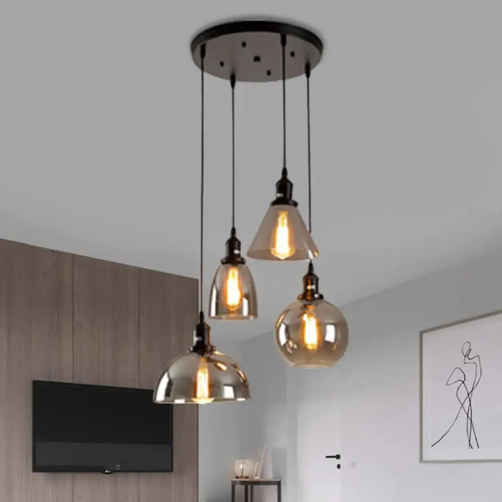 Industrial Smoked Glass Geometric Pendant Light Cluster with Black 3/4 Lights, Linear/Round Canopy