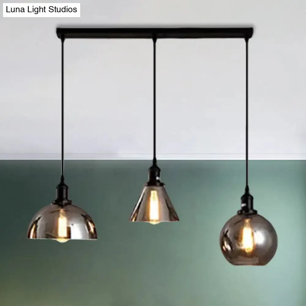 Industrial Smoked Glass Geometric Pendant Light Cluster with Black 3/4 Lights, Linear/Round Canopy