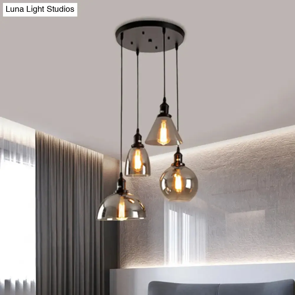 Industrial Smoked Glass Geometric Pendant Light Cluster with Black 3/4 Lights, Linear/Round Canopy