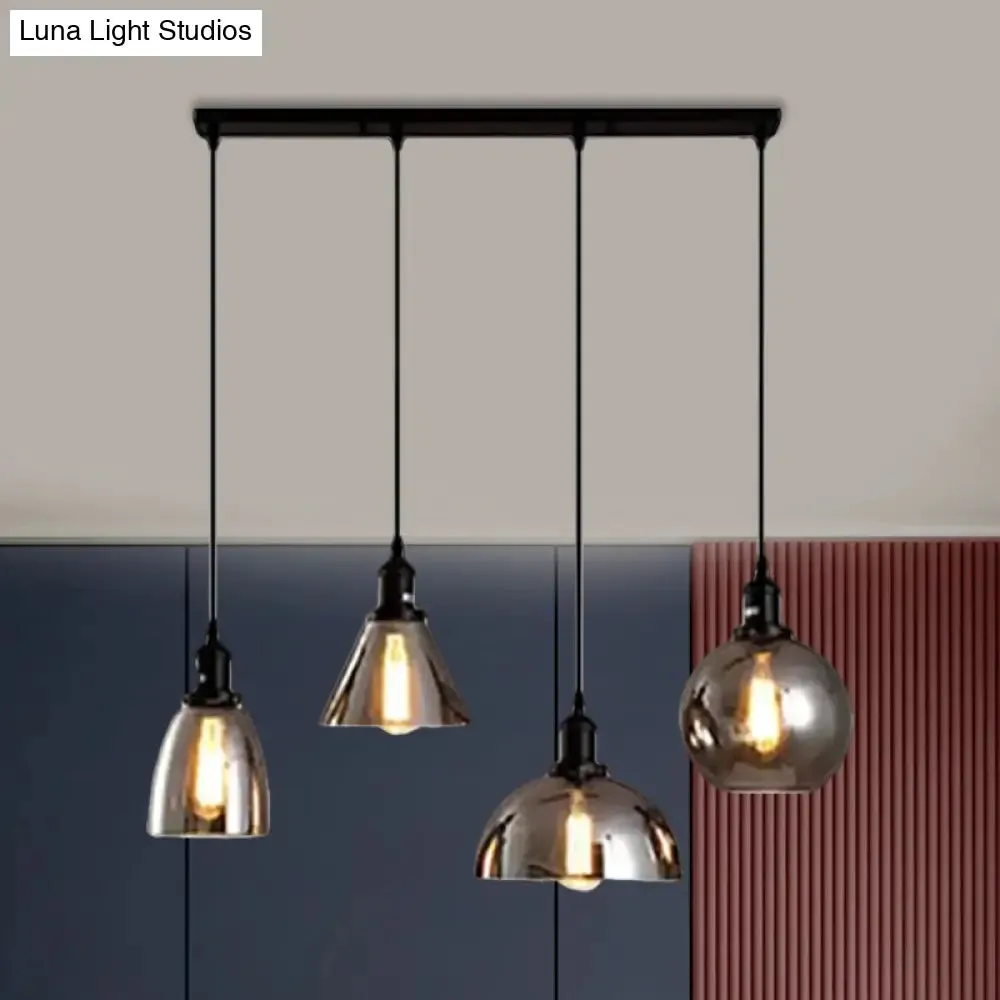 Industrial Smoked Glass Geometric Pendant Light Cluster with Black 3/4 Lights, Linear/Round Canopy